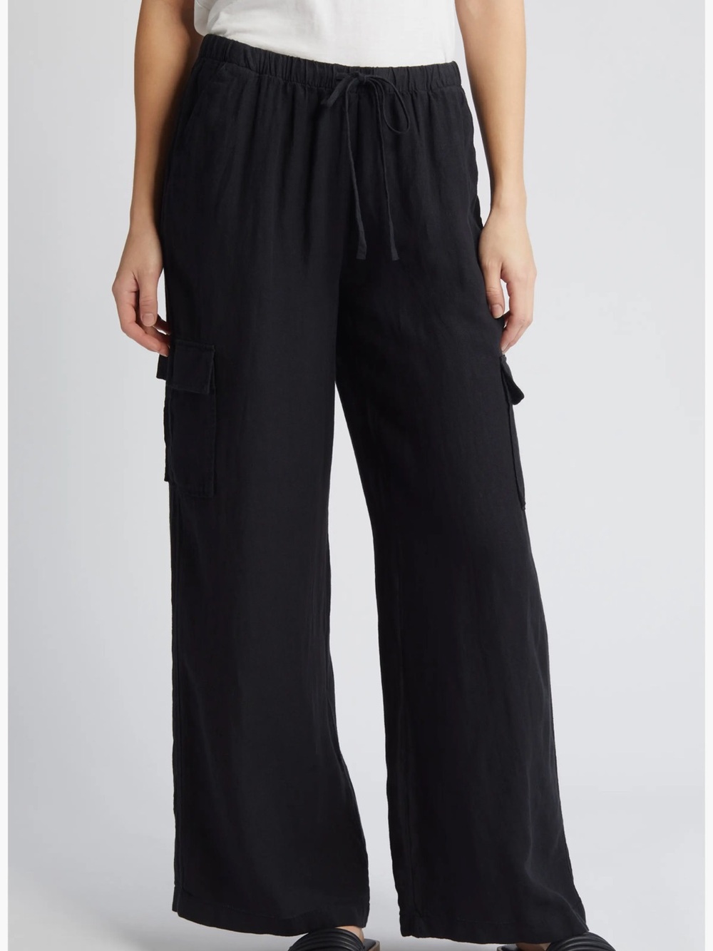 Caslon Drawstring Wide Leg 100% Linen Cargo Black Pants size M